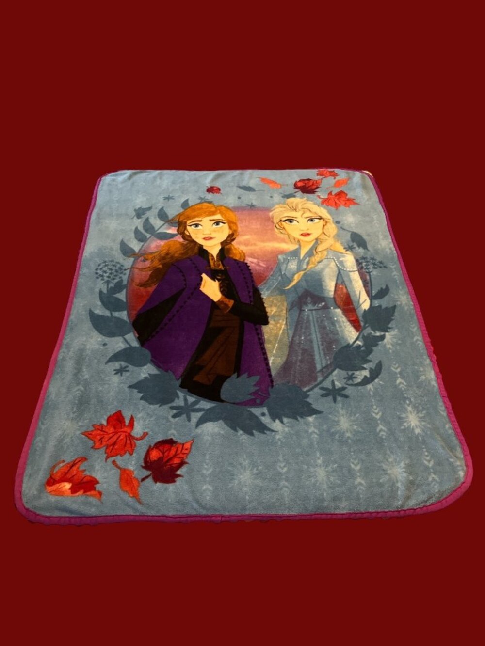 Disney Frozen II Fleece Blanket – Anna & Elsa – Blue with Red Trim – 50 x 40"